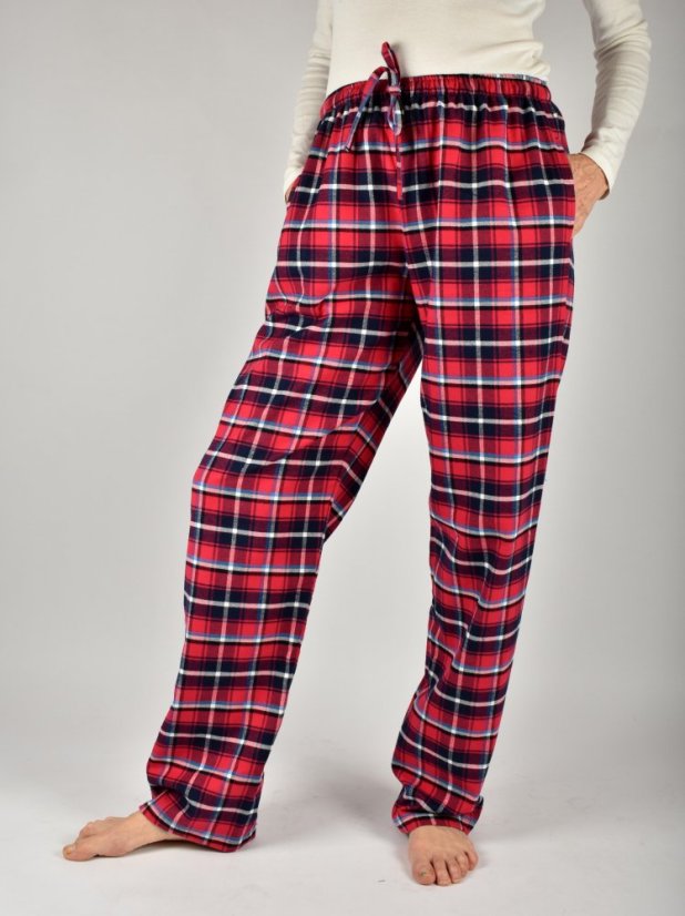 LUISA 184 dámské pyžamové/domácí kalhoty flanelové - růžovočervená kostka a modrý proužek, délka L36